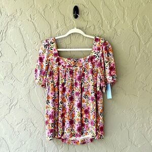 Draper James Women's 2X Pink Multicolor Floral Puff Short Sleeves Lined Top NWT